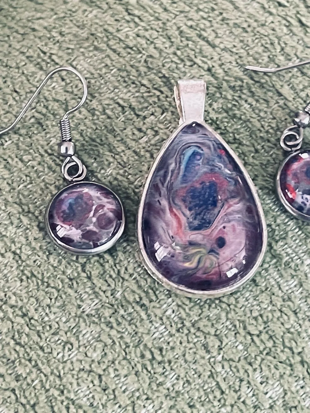 Handcrafted Teardrop Pendant & Earrings Set in Purple and Multicolor by me.